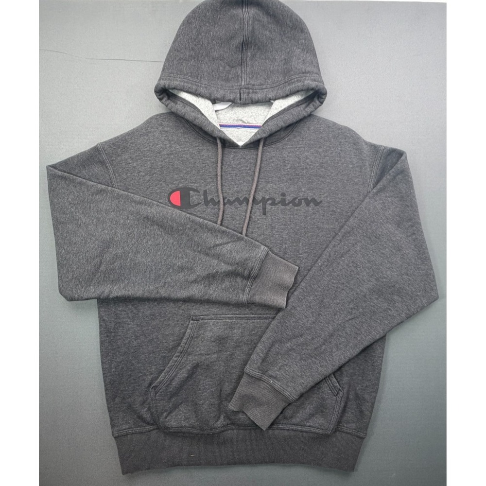 Champion Script Logo Hoodie Charcoal Gray Fleece Pullover GF89H | Men's Medium